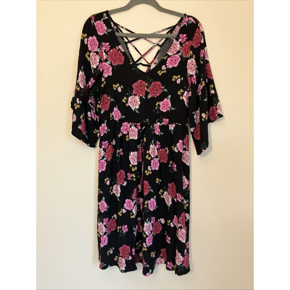 Torrid Black Floral Dress Strappy Back Cottagecore Whimsy Size 00 / Medium